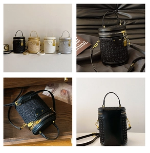 Detail of tweed cylinder bags in four colors with chain straps and metallic locks