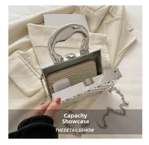 Silver mirror finish box bag interior showing capacity for phone and earphones