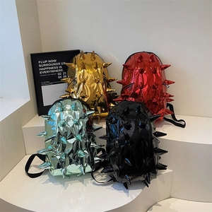 Metallic spiked backpacks in various colors with edgy punk style and 3D textured design