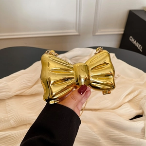 Bow Shape Mini Crossbody Bag Acrylic Mirror Metallic Artificial Pearl Chain Evening Clutch Fashion Trendy Shoulder Bag For Women
