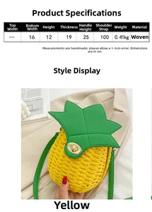 Detail of pineapple woven bag with green leather leaves and golden metal twist lock