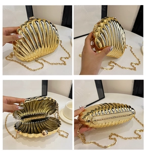 Detailed views of gold shell-shaped evening bag with metallic texture and chain