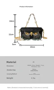 Detailed dimension guide for black owl crossbody bag with pearl handle and rhinestone fringe