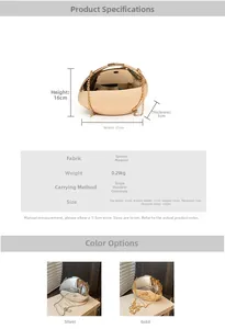 Detailed size chart and parameter table for this metallic acrylic egg-shaped evening clutch
