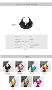 Detail showing colorful glossy patent leather crescent bags in various trendy colors