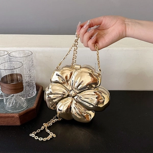 Chic gold flower-shaped metal box bag with chain strap for women evening fashion