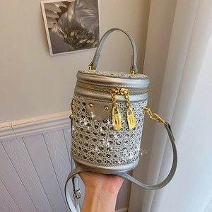 Women Cylinder Bucket Bag Rhinestone Glitter PU Leather Top Handle Crossbody Shoulder Bag Retro Fashion