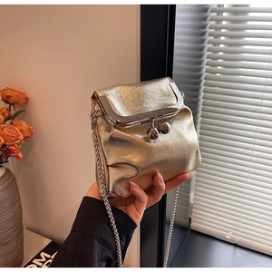 Detail of metallic gold chain bag with retro clasp closure and glossy texture