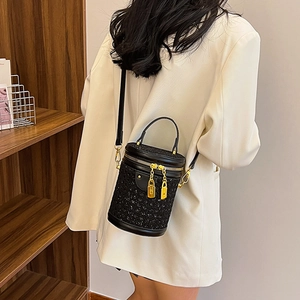 Chic black rhinestone cylinder shoulder bag with gold zipper and leather strap for women