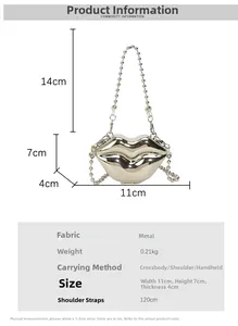 Detailed size specifications for a metallic silver lip-shaped mini acrylic clutch bag