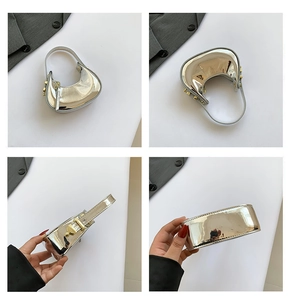 Detailed views of a mini silver mirror-finish crescent handbag from four different angles