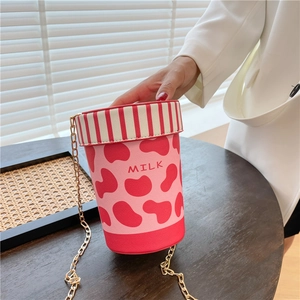Creative Milk Cup Shape Shoulder Bag Cow Print PU Leather Crossbody Bucket Bag With Gold Chain For Women Girls