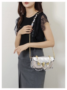Detail of silver owl-shaped crossbody bag with gold metal eyes and pearl fringe tassel