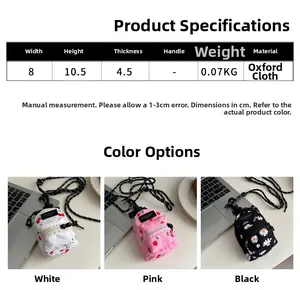 Detailed view of mini oxford cloth pouches in cherry and daisy prints with size specs