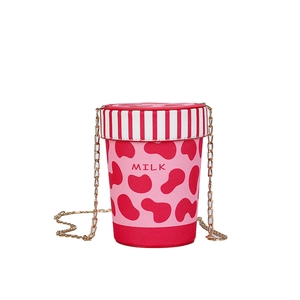 Creative milk cup shaped crossbody bag with red cow print and gold chain strap