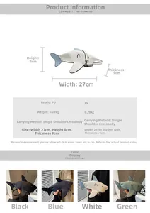 Size chart and specifications for cute shark-shaped PU leather crossbody bag dimensions