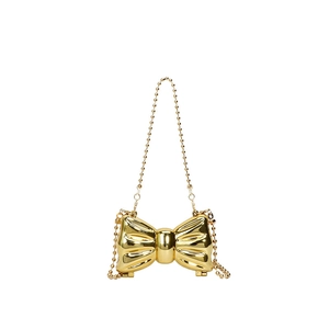 Mini golden bow-shaped hard shell evening bag with delicate bead chain strap