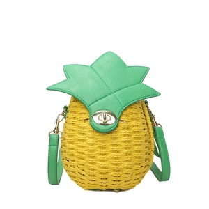 Summer pineapple woven shoulder bag in yellow and green with gold rotary clasp lock