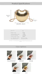 Detail of heart-shaped mini crossbody bag with dimensions and metallic color options