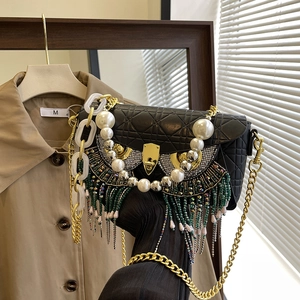 Owl Shape Crossbody Bag PU Leather Rhombic Quilting Rhinestone Tassel Artificial Pearl Handle Chain Strap Evening Party Fashion