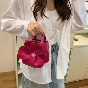 Creative magenta 3D flower petal bucket bag with silver chain strap for women