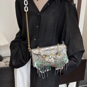 Silver mirror owl crossbody bag with rhinestone fringes and pearl eyes for women