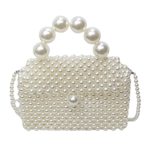Sac à main élégant en perles tissées blanches avec grand fermoir et bandoulière