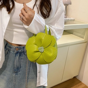 Creative grass green flower shaped bucket bag with 3D petals and silver chain strap