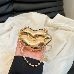 Lip Shape Metallic Mirror Finish Mini Crossbody Bag Party Evening Clutch With Bead Chain Strap For Women Fashion