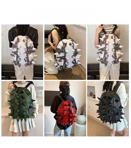 Detailed views of punk rivet backpack in white green red and black colors