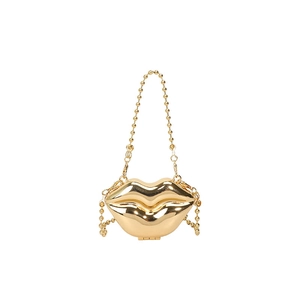 Chic gold lip-shaped acrylic clutch bag with metallic finish and beaded chain strap