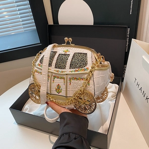 Carriage Shaped Crossbody Bag Crocodile PU Leather Floral Embroidery Vintage Kiss Lock Chain Shoulder Handbag Women