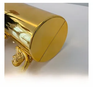 Detail of gold cylindrical acrylic clutch bag featuring a lion head relief and metal chain