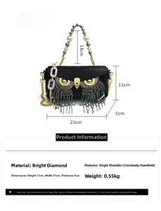 Detailed size specifications for the owl-shaped rhinestone evening bag with chain
