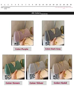 Detailed grid view of glitter clutch bags featuring leaf clasps and metal chain straps