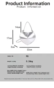 Detailed dimensions of silver heart-shaped PU leather bag with size measurement lines