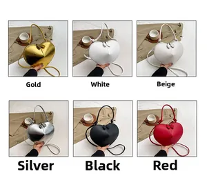 Showcase of six heart-shaped bags in various colors like gold, silver, red and black
