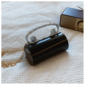 Detail of acrylic cylinder bag featuring silver lion head handle and sleek black glossy finish