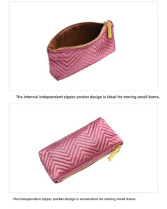 Detail view of pink quilted crossbody bag showing the internal zipper pocket and brown lining