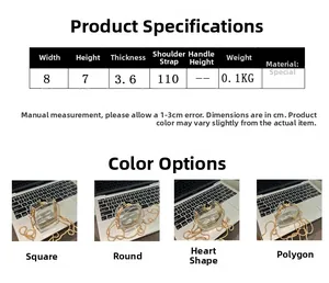 Size chart for mini clear acrylic crossbody bags in square, round, heart and polygon shapes