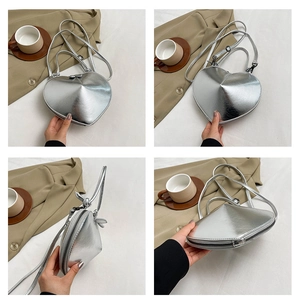 Detail view showing four angles of silver heart-shaped crossbody bag with metallic finish