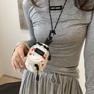 Mini cherry print canvas neck bag with fashion logo and woven lanyard for women