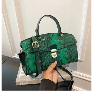 Detail of vintage green snakeskin tote with gold lock on a Tom Ford fashion book