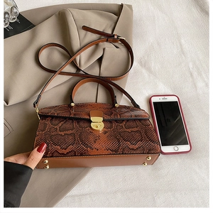 Detailed macro shot of brown snakeskin print PU leather bag with golden twist lock