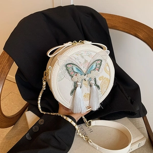 Sac Bandoulière Rond Femmes Similicuir Broderie Papillon Künstliche Perle Gland Style Chinois Sac À Épaule Mode Niche
