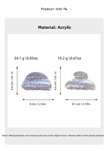 Detailed dimensions of acrylic claw clips with purple marble texture set of two