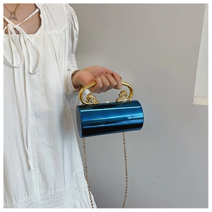Detail of metallic blue acrylic cylinder bag with lion head handle and gold chain