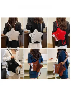 Multi-angle view of star-shaped piano themed bag with keyboard pattern and bow detail