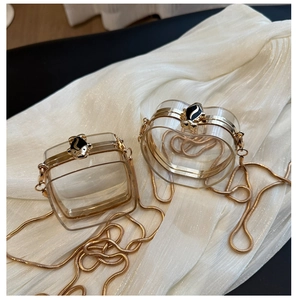 Detail of transparent acrylic mini crossbody bag with golden chain and cute panda clasp