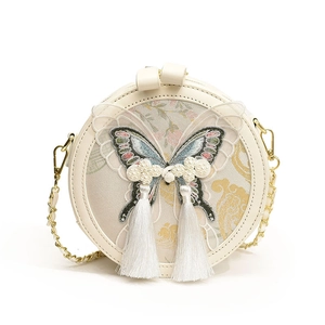 Sac bandoulière rond style chinois avec broderie de papillon et élégants glands blancs